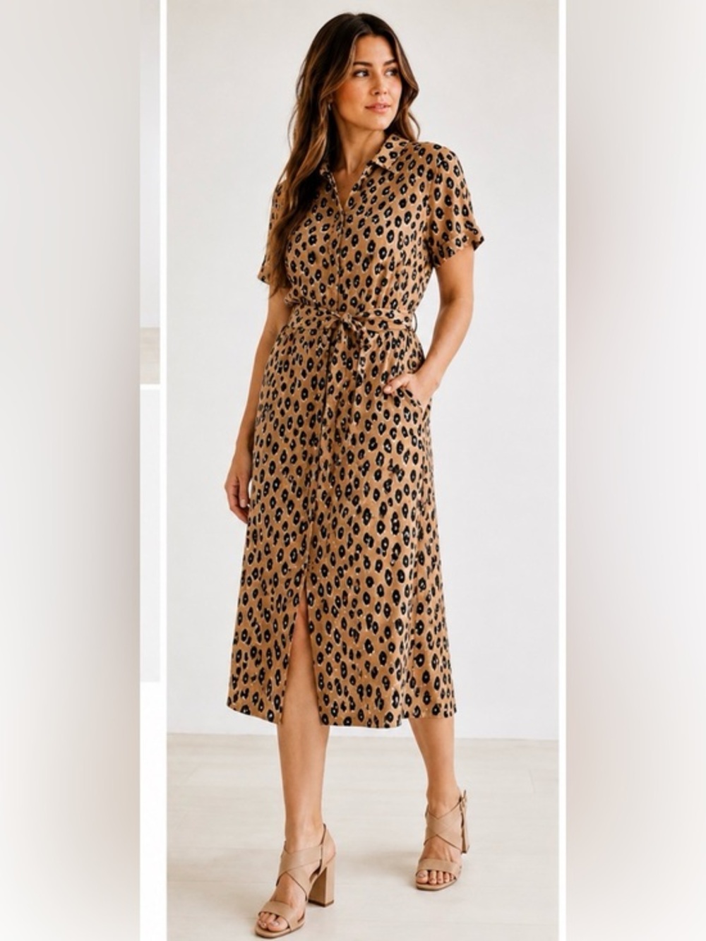 a new day Tan and Black Leopard-Print Midi Skirt with Front Slit MEDIUM